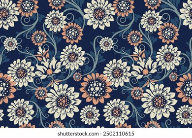 Floral seamless pattern on navy blue background.Ikat floral pattern,vector illustration,ikat embroidery,Aztec style,hand drawn pattern.design for texture,fabric,clothing,wrapping paper,decoration,rug.