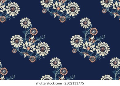 Floral seamless pattern on navy blue background.Ikat floral pattern,vector illustration,ikat embroidery,Aztec style,hand drawn pattern.design for texture,fabric,clothing,wrapping paper,decoration,rug