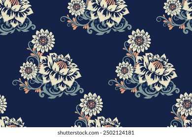 Floral seamless pattern on navy blue background.Ikat floral pattern,vector illustration,ikat embroidery,Aztec style,hand drawn pattern.design for texture,fabric,clothing,wrapping paper,decoration,rug.