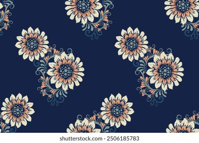 Floral seamless pattern on navy blue background.Ikat floral pattern,vector illustration,ikat embroidery,Aztec style,hand drawn pattern.design for texture,fabric,clothing,wrapping paper,decoration,rug.
