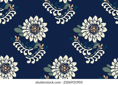 Floral seamless pattern on navy blue background.Ikat floral pattern,vector illustration,ikat embroidery,Aztec style,hand drawn pattern.design for texture,fabric,clothing,wrapping paper,decoration,rug.