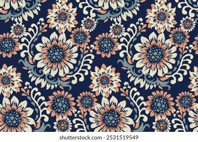 Floral seamless pattern on navy blue background.Ikat floral pattern,vector illustration,ikat embroidery,Aztec style,hand drawn pattern.design for texture,fabric,clothing,wrapping paper,decoration,rug.