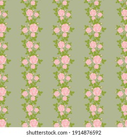 Nahtlose Blumenmuster auf pastellgrünem Hintergrund. Kletterrosen wiederholen Bildschirmhintergründe. Flaches Design botanische Illustration.