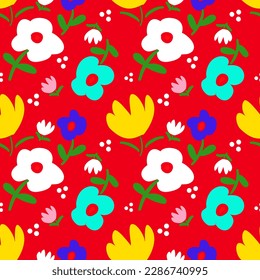 Floral seamless pattern on red background.