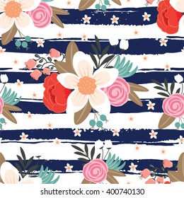 Floral seamless pattern on stripe background.