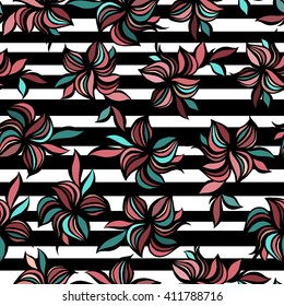 Floral seamless pattern on a stripe background. Vector.