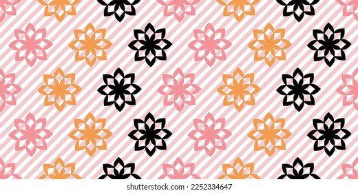 Floral seamless pattern on striped background. Stock illustration. Funky retro aesthetic prints for modern fabric design 