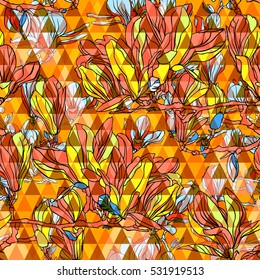 Floral seamless pattern on a triangle backdrop. Colorful mosaic background. Watercolor painting Tropical leaves and plant.