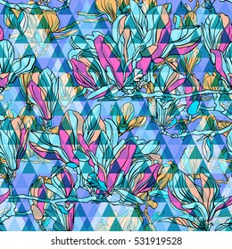 Floral seamless pattern on a triangle backdrop. Colorful mosaic background. Watercolor painting Tropical leaves and plant.