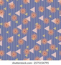 Floral seamless pattern on vertical stripes. Allover print geometric surface design of scandi flowers and triangle shapes on blue color background. 