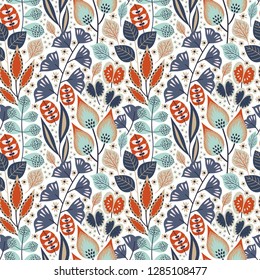 Floral seamless pattern on white. Abstract vector background with flowers and leaves. Natural bright design. Scandinavian style.
