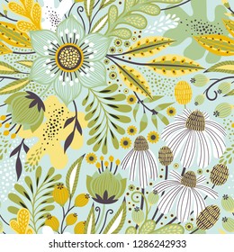 Floral seamless pattern on white. Abstract vector background with flowers and leaves. Natural bright design. Scandinavian style.