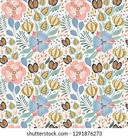 Floral seamless pattern on white. Abstract vector background with flowers and leaves. Natural bright design. Scandinavian style.