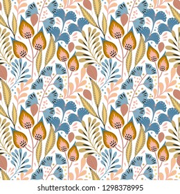 Patrón floral sin fisuras en blanco. Fondo vector abstracto con flores y hojas. Diseño natural y luminoso. Estilo escandinavo.