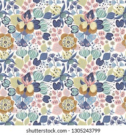 Floral seamless pattern on white. Vector Illustration. Abstract background with flowers and leaves. Natural bright design.