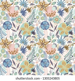 Floral seamless pattern on white. Vector Illustration. Abstract background with flowers and leaves. Natural bright design.