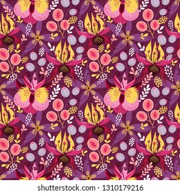 Floral seamless pattern on white. Abstract vector background with flowers and leaves. Natural bright design.