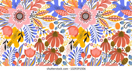 Floral seamless pattern on white. Abstract vector background with flowers and leaves. Natural bright design. Scandinavian style.
