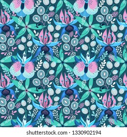 Floral seamless pattern on white. Vector Illustration. Abstract background with flowers and leaves. Natural bright design in blue colors.