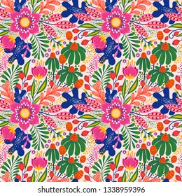 Floral seamless pattern on white. Vector Illustration. Abstract background with flowers and leaves. Natural bright design.