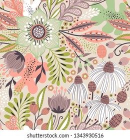 Floral seamless pattern on white. Abstract vector background with flowers and leaves. Natural bright design. Scandinavian style.