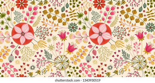 Floral seamless pattern on white. Vector Illustration. Abstract background with flowers and leaves. Natural bright design.