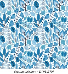 Floral seamless pattern on white. Vector Illustration. Abstract background with flowers and leaves. Natural bright design in blue colors.
