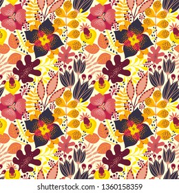 Floral seamless pattern on white. Vector Illustration. Abstract background with flowers and leaves. Natural bright design.