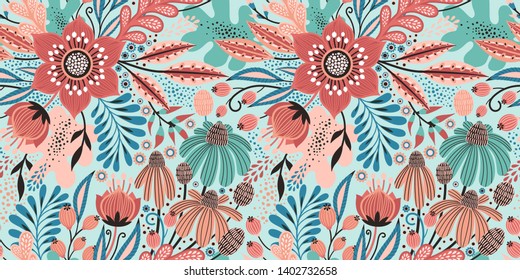 Floral seamless pattern on white. Vector Illustration. Abstract background with flowers and leaves. Natural bright design.