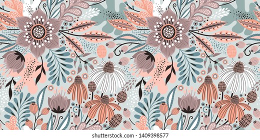 Floral seamless pattern on white. Abstract vector background with flowers and leaves. Natural bright design. Scandinavian style.