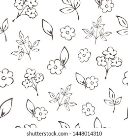 Floral seamless pattern on a white background, vector botanical ornaments and decorative plants elements isolated,  illustration of hand drawing flower, branches, leaves