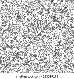 Floral seamless pattern on white background. Outline ornament with flowers and leaves