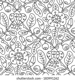 Floral seamless pattern on white background. Outline ornament with flowers, leaves and berries