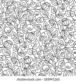 Floral seamless pattern on white background. Outline ornament with flowers, leaves and berries