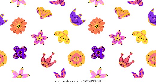 Floral seamless pattern on white background. Pattern with bright blooming flowers in cartoon style.Decorative exotic print for wallpaper and fabric.Vector illustration.