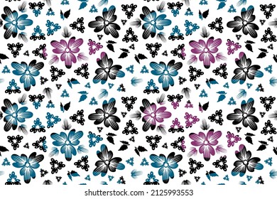 Patrón floral sin soldadura sobre las siluetas abstractas de fondo blanco de flores y hojas, ilustración vectorial para el diseño de papel envolvente, tela, papel tapiz.