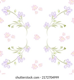 Floral Seamless Pattern On A White Background, Imitation Of Pastel Chalk Drawing Technique, Isolated On A White Background.