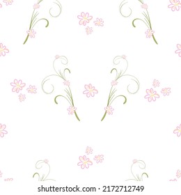 Floral Seamless Pattern On A White Background, Imitation Of Pastel Chalk Drawing Technique, Isolated On A White Background.