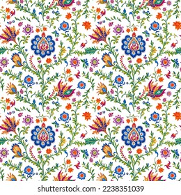 Floral seamless pattern on white background. Traditional indian floral ornament. Print of multicolored flowers, branches and leaves. Elegant template for fashion prints, fabric, surface design. Vector