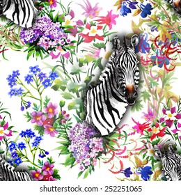 Floral seamless pattern on white background with colorful garden flowers and zebra head vector illustration