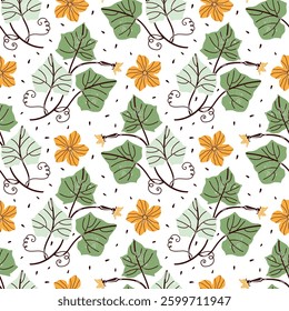 Floral  seamless pattern on white background. Flowers, leaves, stems, seeds of cucumber, squash, zucchini, pumpkin. Hand-drawn vector botanical illustration