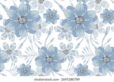 Blumen nahtloses Muster auf weißem Hintergrund, Blumen nahtloses Muster Hintergrund, Vektorgrafik, florale Skizze nahtloses Muster, orientalische Stickerei.Design für Textur, Stoff, Kleidung, Umhüllungspapier