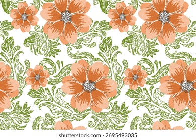 Floral seamless pattern on white background,green,orange and white background,vector illustration,floral Ikat seamless pattern,oriental embroidery.design for texture,fabric,clothing,wrapping paper