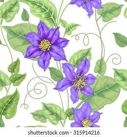 Floral seamless pattern on a white background for fabrics, textiles, wallpaper, paper. Vector. Clematis flowers and ornamental berries. Design Victorian style.
