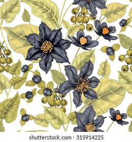 Floral seamless pattern on a white background for fabrics, textiles, wallpaper, paper. Vector. Clematis flowers and ornamental berries. Design Victorian style.