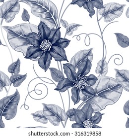 Floral seamless pattern on a white background for fabrics, textiles, wallpaper, paper. Vector. Black clematis flowers and ornamental berries. Design Victorian style.
