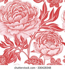Floral seamless pattern on a white background for fabrics, textiles, wallpaper, paper. Vector. Garden flowers peonies. Design Victorian style.