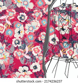 Floral seamless pattern on women's top mockup. Flowers background for fashion, wallpapers, print. Liberty style. Trendy floral design