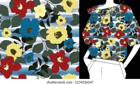 Patrón floral sin fisuras en la maqueta superior de las mujeres. Fondo de flores para la moda, papeles pintados, impresos. Estilo de la libertad. Diseño floral de moda