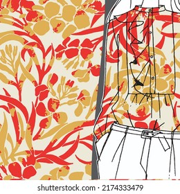 Floral seamless pattern on women's top mockup. Flowers background for fashion, wallpapers, print. Liberty style. Trendy floral design